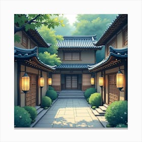 A Serene Japanese Courtyard With Lanterns, Softly Glowing In Watercolor Tones 1 Canvas Print