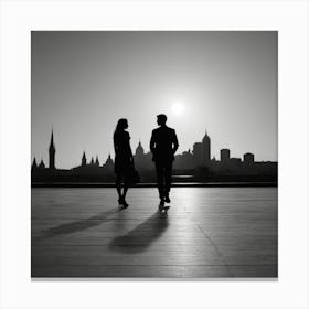 Silhouette Of Couple Walking In The City Canvas Print