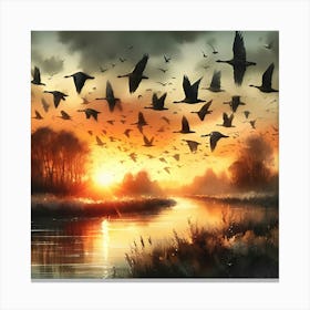 Realistic Textures, A Watercolor Painting Shows A Flock Of Birds Flying Over A River At Sunset 3 Canvas Print