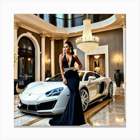 Woman In A Black Dress Next To A Luxury Car Canvas Print