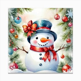 Snowman With Christmas Decorations Canvas Print