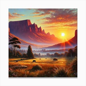 An Oil Painting Of The Morning Sun Rising Over The Drakensberg In South Africa.AI 1 Canvas Print