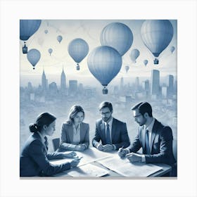 A Group Of Businesspeople Around A Table, Reviewing Blueprints With A Fantastical Cityscape In The Background And Hot Air Balloons Overhead Canvas Print