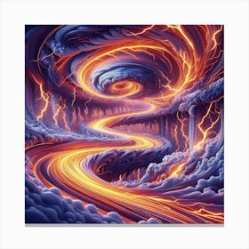 3 Dimensional Rivers With Multiple Orange Lightning And Purple Swirls In A Vortex Of Storm Clouds Canvas Print