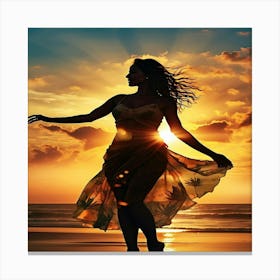 Silhouette Of A Woman Dancing At Sunset Canvas Print