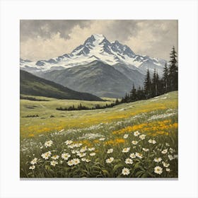 vintage oil painting of wild flowers in a meadow, mountains in the background 6 Canvas Print