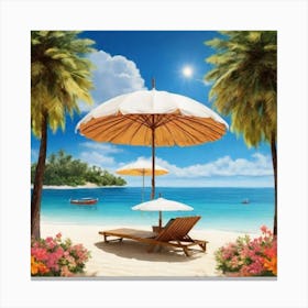 Beach Scene With Umbrella Canvas Print