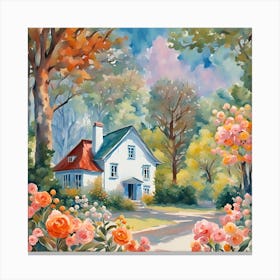 Watercolor Of A House In The Garden Canvas Print