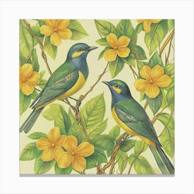 Two Birds Perched On A Branch Art Canvas Print