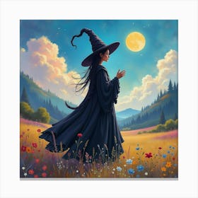 Black Magic Witch In A Colorful Watercolor Landscape 1 Canvas Print