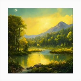 Sunset Over The River And Forest In Spring Season Canvas Print