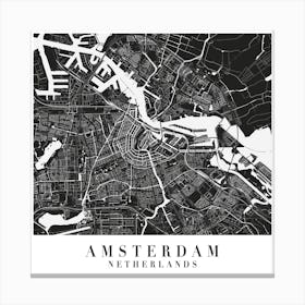 Amsterdam Netherlands Minimal Black Mono Street Map  Square Canvas Print