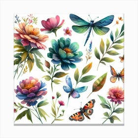 Watercolor Flowers And Butterflies Canvas Print