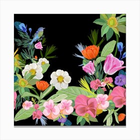 Lovely Flowers And Cute Bird Pattern Canvas Print