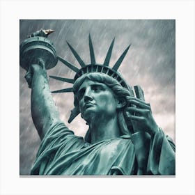 Statue Of Liberty Crying With Her Hands Covering Her Face, Raining Outside, City Background, Hyper R (2) Canvas Print