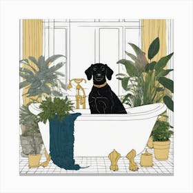 gold line drawing of a black dog in a bathtub, houseplants, botanical, jewel tones Canvas Print