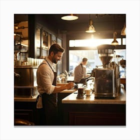 Cafe Interior Early Morning Barista Clad In A Crisp Apron With Visible Badges Of Skill Steam Waft (4) Canvas Print