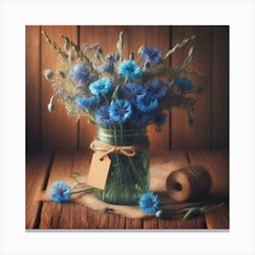 Blue Flowers In A Mason Jar 1 Canvas Print