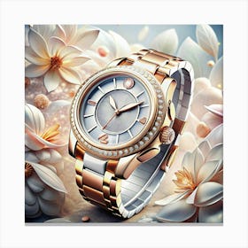 Diamond Encrusted Gold Watch With White Flowers Canvas Print