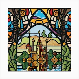 Image of medieval stained glass windows of a sunset at sea 3 Canvas Print