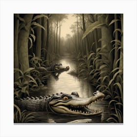 Alligator Lurking In A Swamp Filled With Intricate Illusionary Patterns That Evoke The Sense Of An Enigmatic And Hidden World Canvas Print