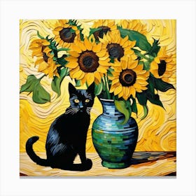 van gogh Sunflowers And Black Cat Canvas Print