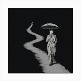 A captivating ink drawing of a lone figure traversing a narrow, serpentine path. The man is dressed in a vintage ensemble, holding onto an old-fashioned umbrella. The path is shrouded in complete darkness, with only the faint silhouette of the man and the subtle outlines of the winding path visible. The ink lines are bold and dramatic, creating an atmosphere of mystery and suspense. Canvas Print