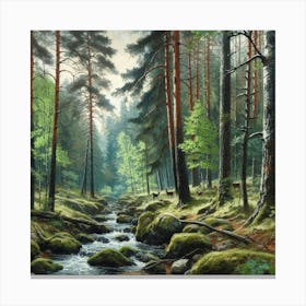 Stream In The Forest, Acrylic Painting Style Canvas Print