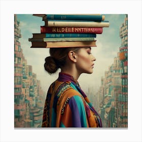 Surreal Poise: A Dance of Books and Color Canvas Print