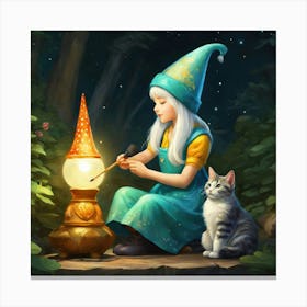 Cute Kawaii Gnome Girl Sitting And Painting Her Cats Back With Magic Brushstunning Masterpiece B 678276440 (2) Canvas Print