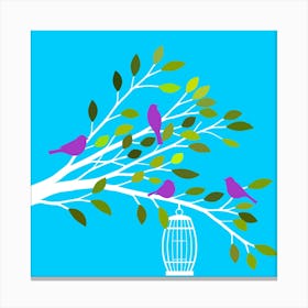 Birds Silhouettes Floral Branch Tree Sheets Green Blue Design Art Nature Canvas Print