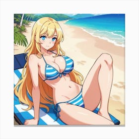 Anime Girl In Blue Bikini Sitting On Beach Canvas Print