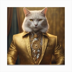 A Super Wealthy Hippie Muscular Cat Wearing A Beautiful Tailored Golden Suit, Heterochromia Iridum,M Canvas Print