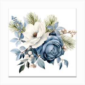 Blue and White Floral Arrangement Wall Art - Winter Roses and Magnolia Print Canvas Print