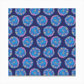 CHRYSANTHEMUMS Multi Abstract Polka Dot Floral Summer Bright Flowers in Blue Pink Purple Green on Dark Blue Canvas Print