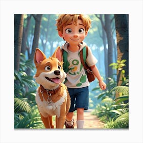 Boy And His Dog In The Woods Canvas Print