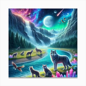 Wolf Family by Crystal Waterfall Under Full Moon and Aurora Borealis 6 Canvas Print
