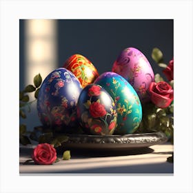 Red Miniature Roses and Decorative Eggs Canvas Print