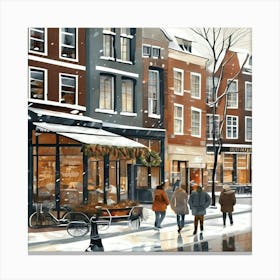 Amsterdam cafes, winter season, Christmas, pale colors, pedestrians in the street, winter clothes, falling snow.5 Canvas Print