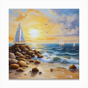 Oil painting design on canvas. Sandy beach rocks. Waves. Sailboat. Seagulls. The sun before sunset.40 Canvas Print