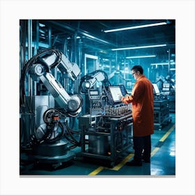 Cyber Industrial Interface Showcasing A Factory Manager Overseeing A High Tech Manufacturing Floor (3) Canvas Print