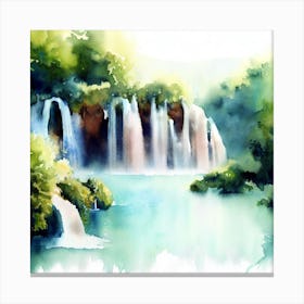 Waterfall Watercolor Painting, Plitvice Lakes National Park 1 Canvas Print