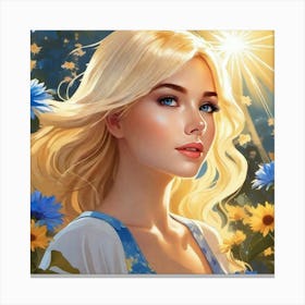 Sun, blue and yellow flowers, blonde hair, blue eyes  Canvas Print