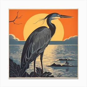 Retro Bird Lithograph Great Blue Heron 3 Canvas Print