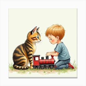 A Maine Coon Cat And A Young Boy Playing With A Toy Train, Watercolor 1 Canvas Print