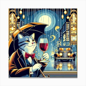 Cat Drinking Wine In The Rain 6 Canvas Print