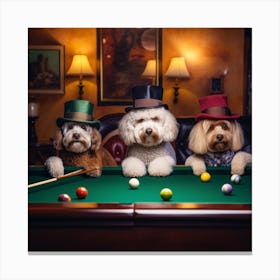 Three Dogs In Hats Playing Pool Canvas Print