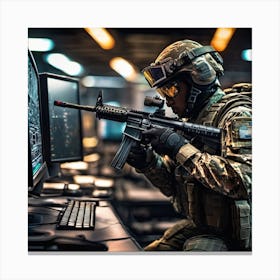 Soldier In Front Of Computer Canvas Print