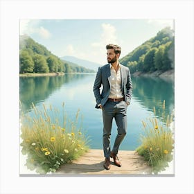 Lovely Man In Watercolor Suit, Tranquil Lakeside Retreat 1 Canvas Print