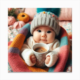 Cute Baby Holding A Cup Of Coffee Canvas Print